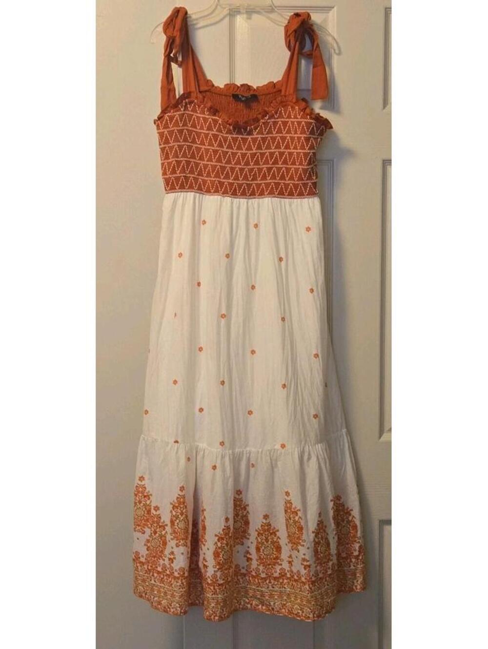 Trixxi Women's Floral Smocked Midi Dress Pockets Red White Cotton XL Cottage